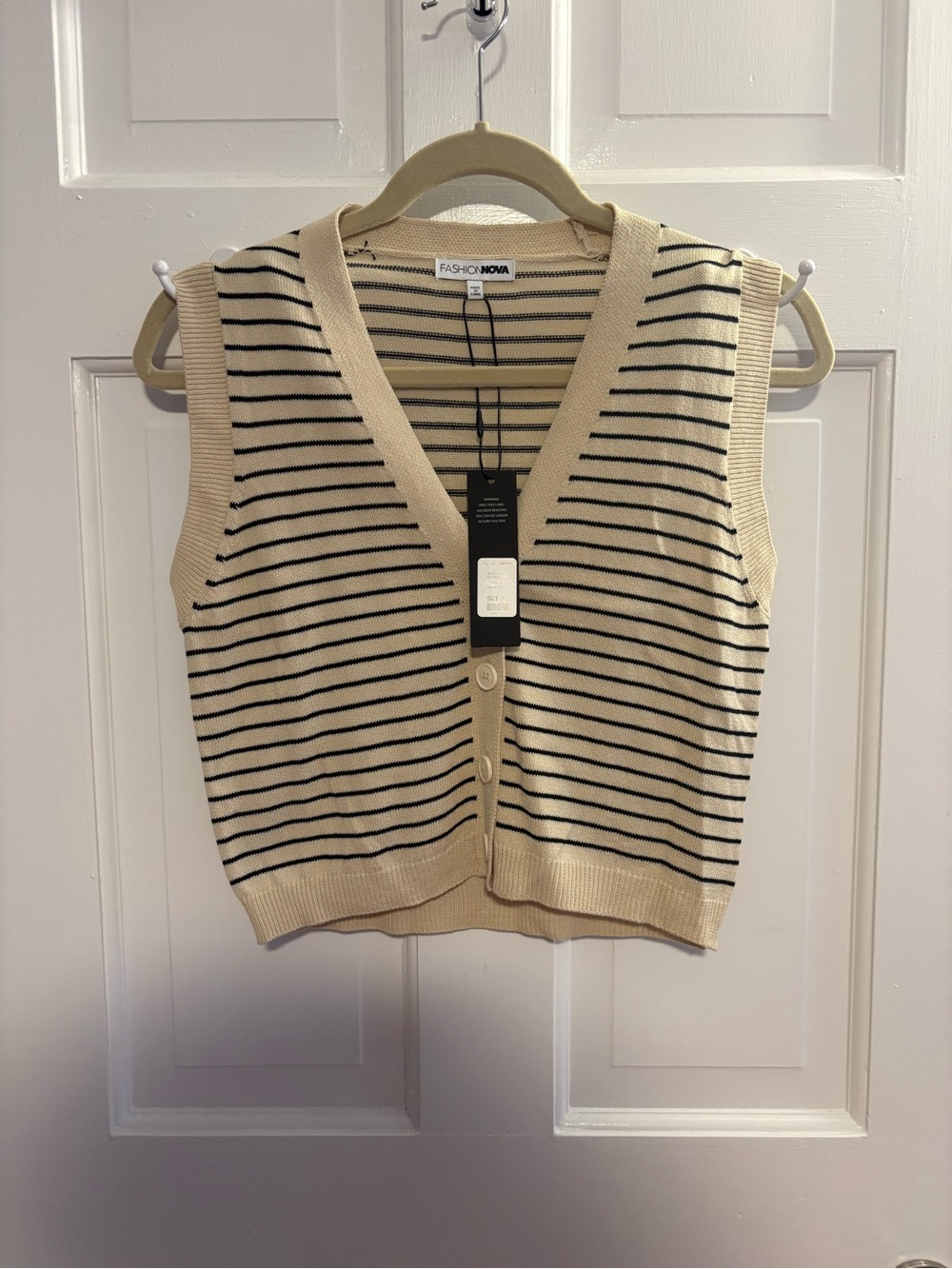 Fashion Nova Cream & Black Striped Sleeveless Knit Tank